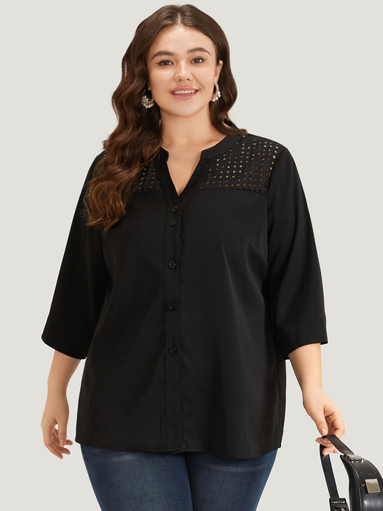 

Plus Size Black Anti-Wrinkle Solid Button Through Notched Cut Out Blouse Women Office Elbow-length sleeve Notched collar Work Blouses BloomChic