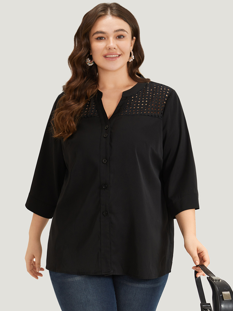 Plus Size Women Work Plain Plain Regular Sleeve Elbow-length sleeve Notched collar Office Blouses BloomChic 
