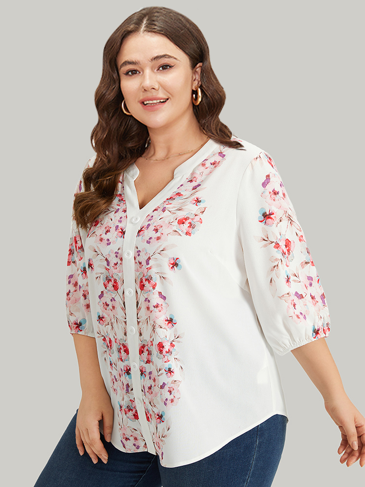 Plus Size White Floral Print Button Detail Notched Lantern Sleeve Blouse Women Elegant Half Sleeve Notched collar Dailywear Blouses BloomChic 26/4X 