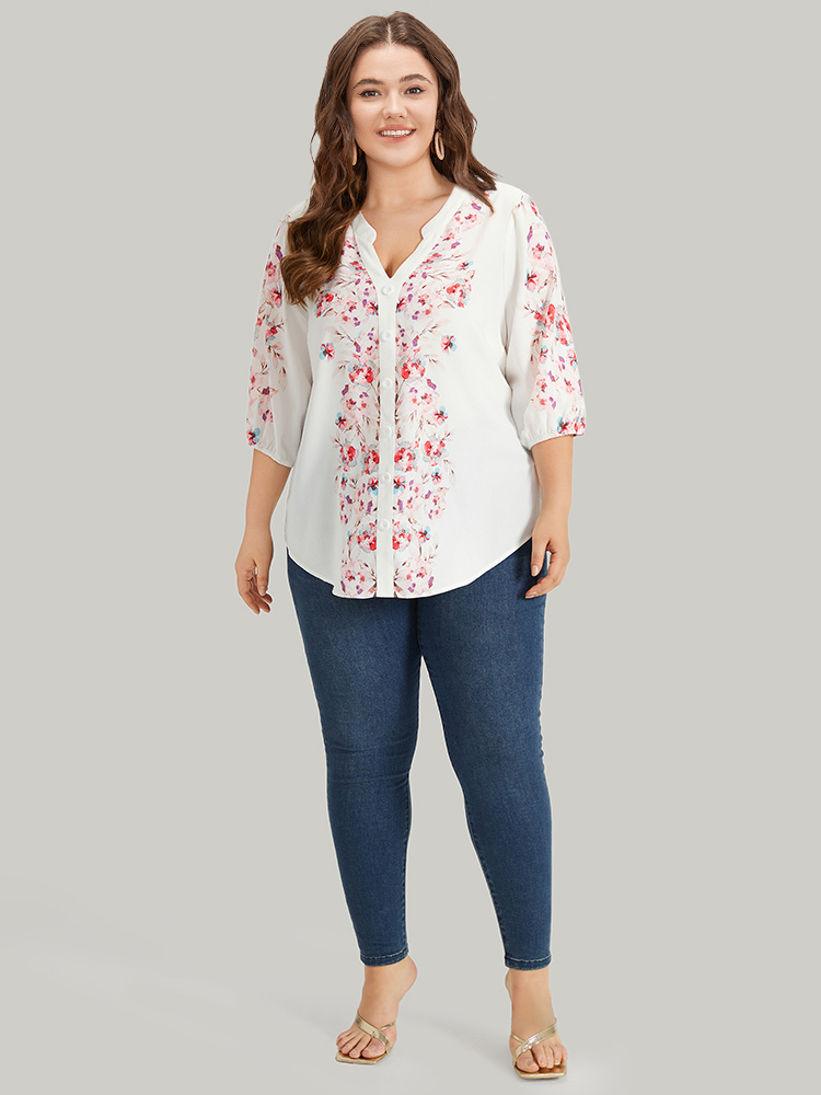 Plus Size White Floral Print Button Detail Notched Lantern Sleeve Blouse Women Elegant Half Sleeve Notched collar Dailywear Blouses BloomChic 26/4X 