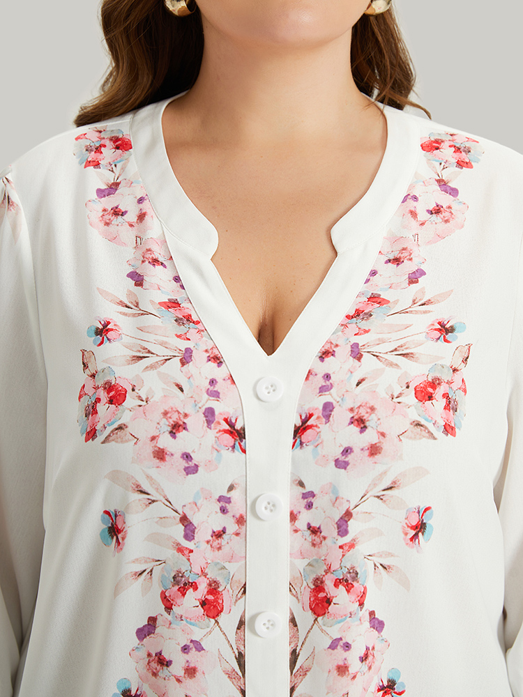 Plus Size White Floral Print Button Detail Notched Lantern Sleeve Blouse Women Elegant Half Sleeve Notched collar Dailywear Blouses BloomChic 26/4X 