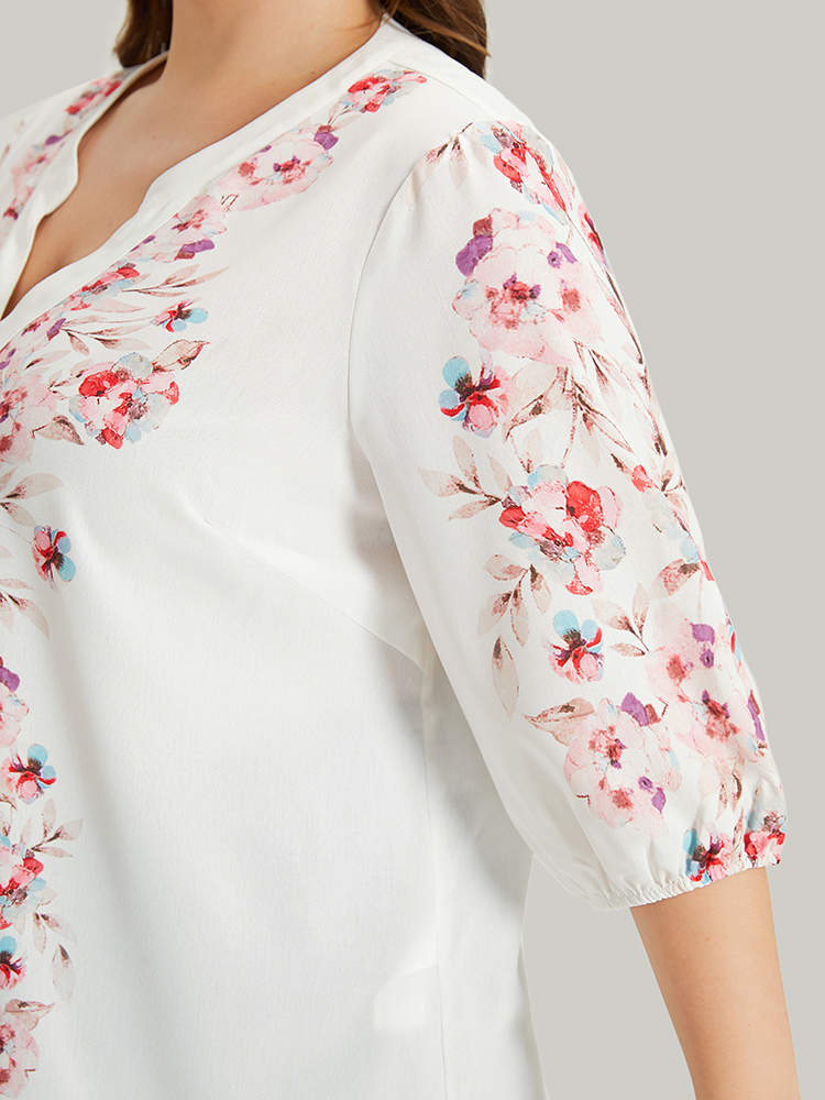 Plus Size White Floral Print Button Detail Notched Lantern Sleeve Blouse Women Elegant Half Sleeve Notched collar Dailywear Blouses BloomChic 26/4X 