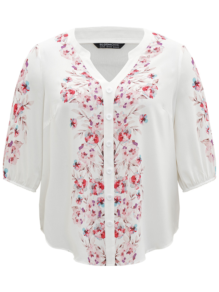 Plus Size White Floral Print Button Detail Notched Lantern Sleeve Blouse Women Elegant Half Sleeve Notched collar Dailywear Blouses BloomChic 26/4X 