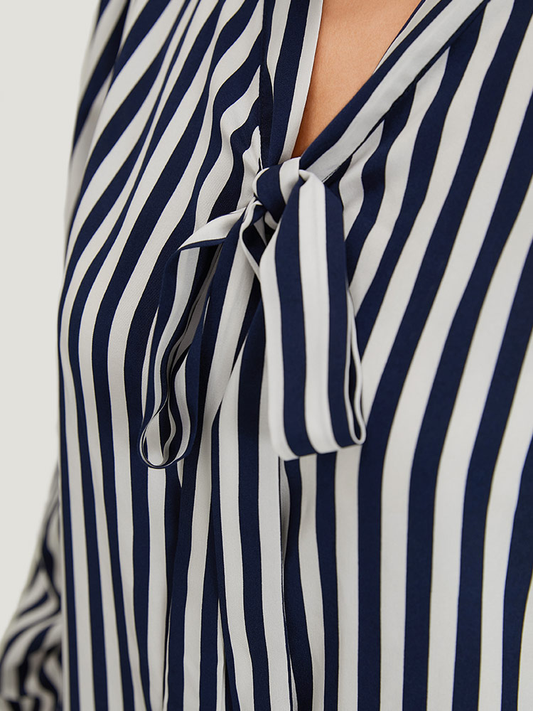 Plus Size Indigo Striped Bowknot V Neck Curved Hem Woven Top Women Office Long Sleeve Shirt collar Work Blouses BloomChic 26/4X 