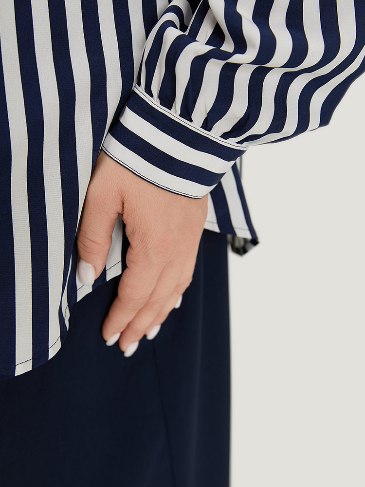 Plus Size Indigo Striped Bowknot V Neck Curved Hem Woven Top Women Office Long Sleeve Shirt collar Work Blouses BloomChic 26/4X 