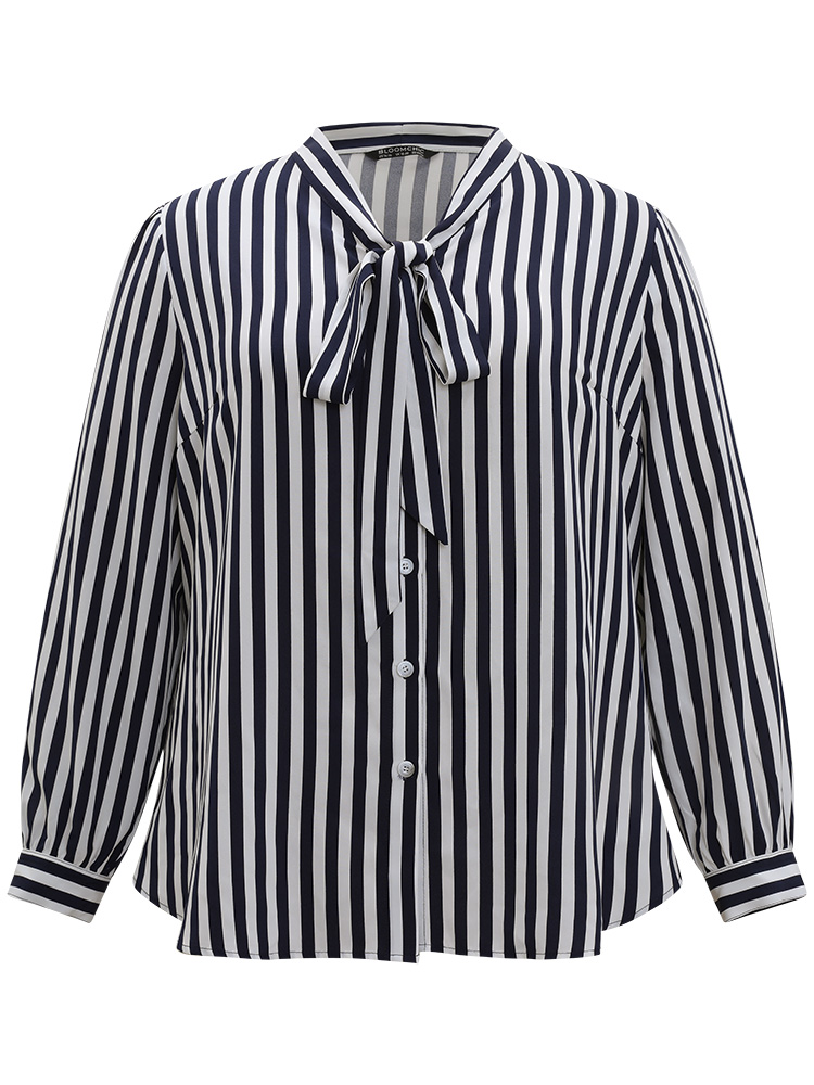 Plus Size Indigo Striped Bowknot V Neck Curved Hem Woven Top Women Office Long Sleeve Shirt collar Work Blouses BloomChic 26/4X 