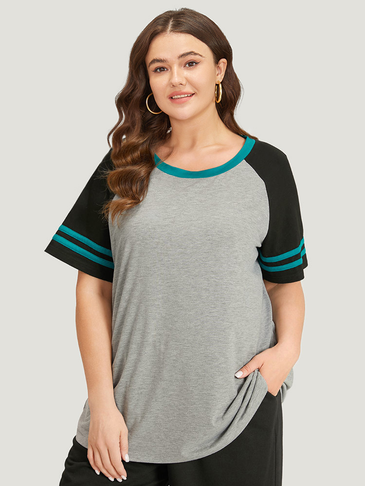 

Striped Patchwork Contrast Raglan Sleeve T-shirt, Darkgray