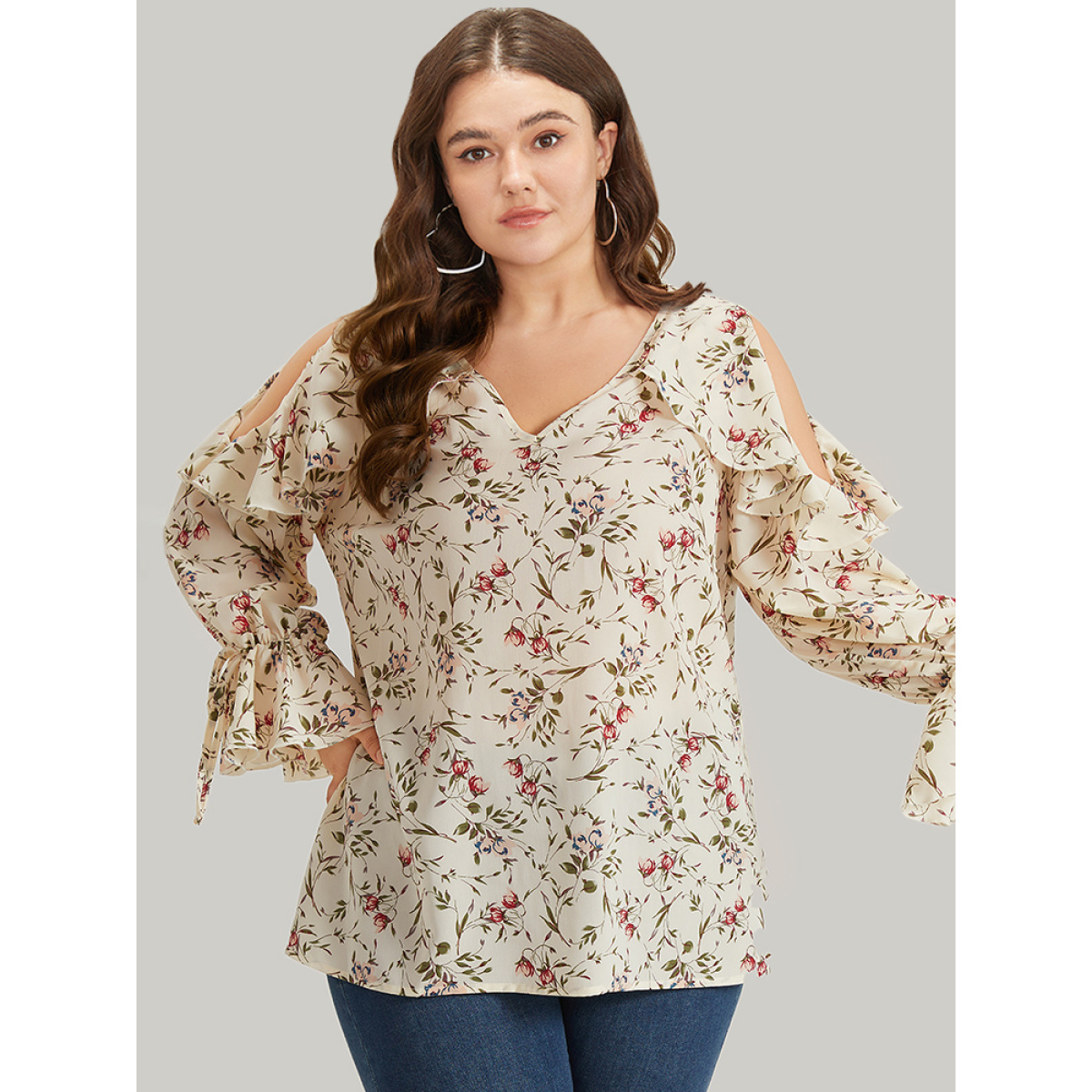 

Plus Size Ivory Ditsy Floral Cold Shoulder Ties Ruffle Trim Blouse Women Elegant Long Sleeve V-neck Dailywear Blouses BloomChic