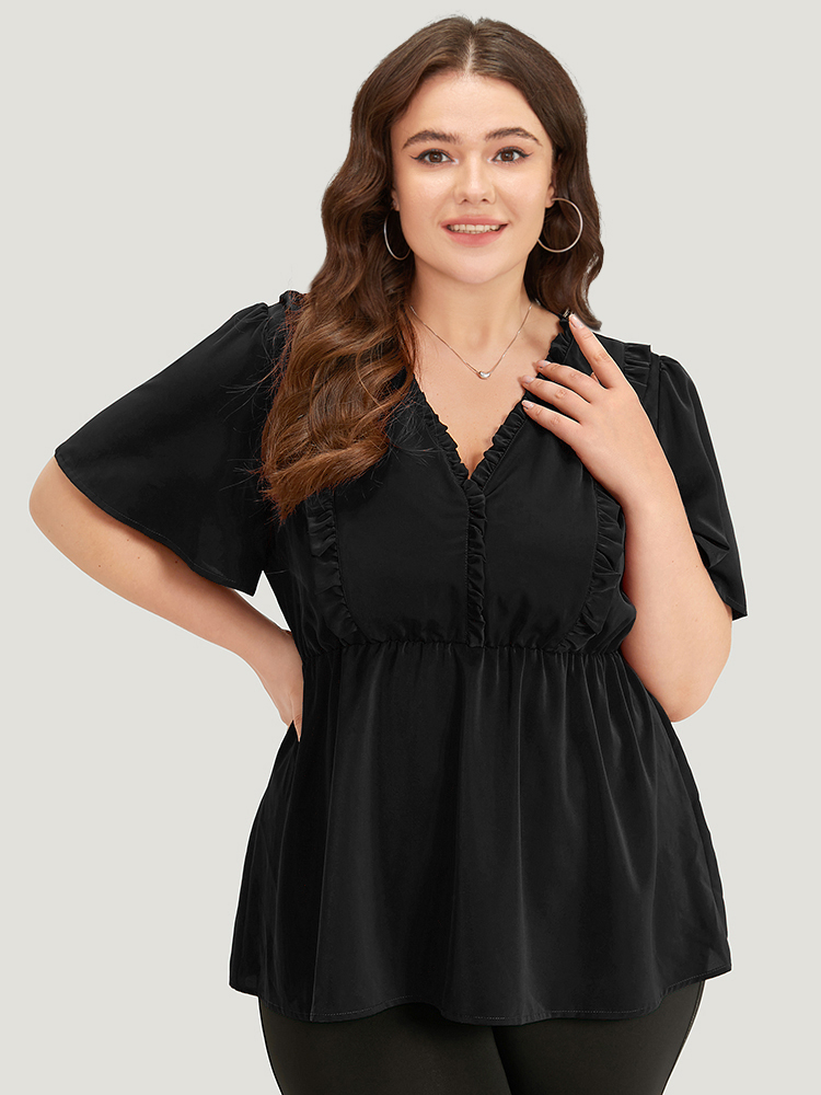 

Plus Size Black Anti-Wrinkle Plain Frill Trim Flutter Sleeve Blouse Women Office Short sleeve V-neck Work Blouses BloomChic