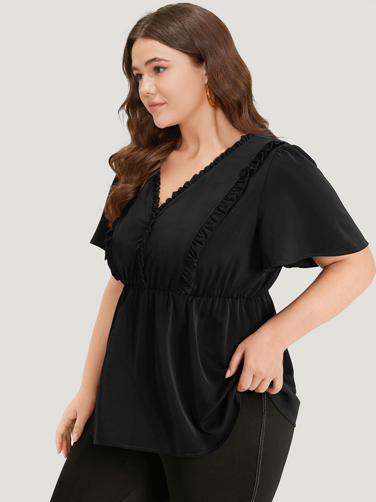 

Plus Size Black Anti-Wrinkle Plain Frill Trim Flutter Sleeve Blouse Women Office Short sleeve V-neck Work Blouses BloomChic