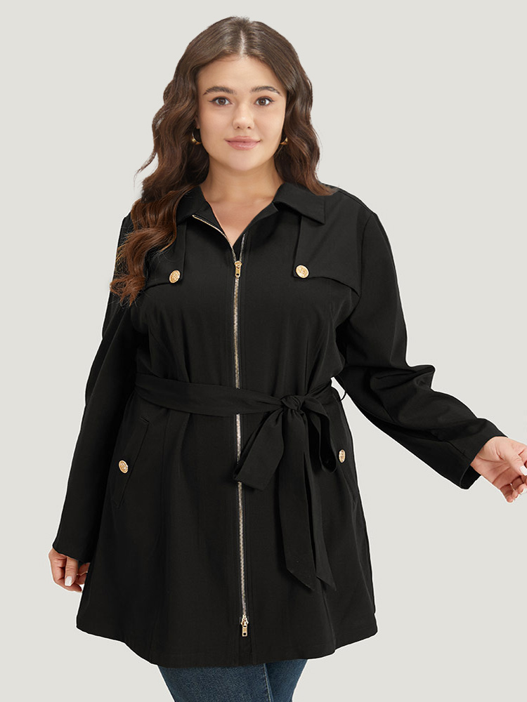 

Plus Size Solid Belted Button Detail Zipper Pocket Coat Women Black Plain Pocket Belt Dailywear Jackets BloomChic