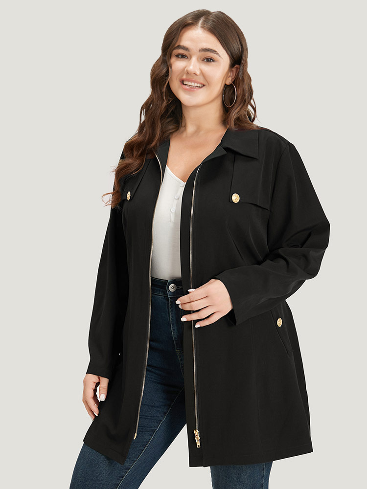 

Plus Size Solid Belted Button Detail Zipper Pocket Coat Women Black Plain Pocket Belt Dailywear Jackets BloomChic