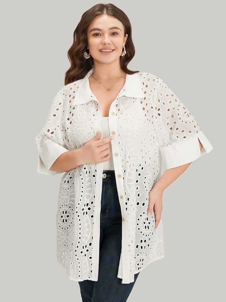 

Plus Size Plain Shirt Collar Broderie Anglaise Open Front Kimono Women White Casual Patchwork Dailywear Kimonos BloomChic