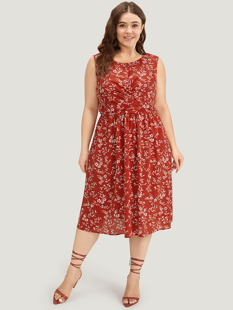 

Plus Size Ditsy Floral Crossover Crew Neck Pocket Sleeveless Dress Red Women Elegant Printed Round Neck Sleeveless Curvy Midi Dress BloomChic