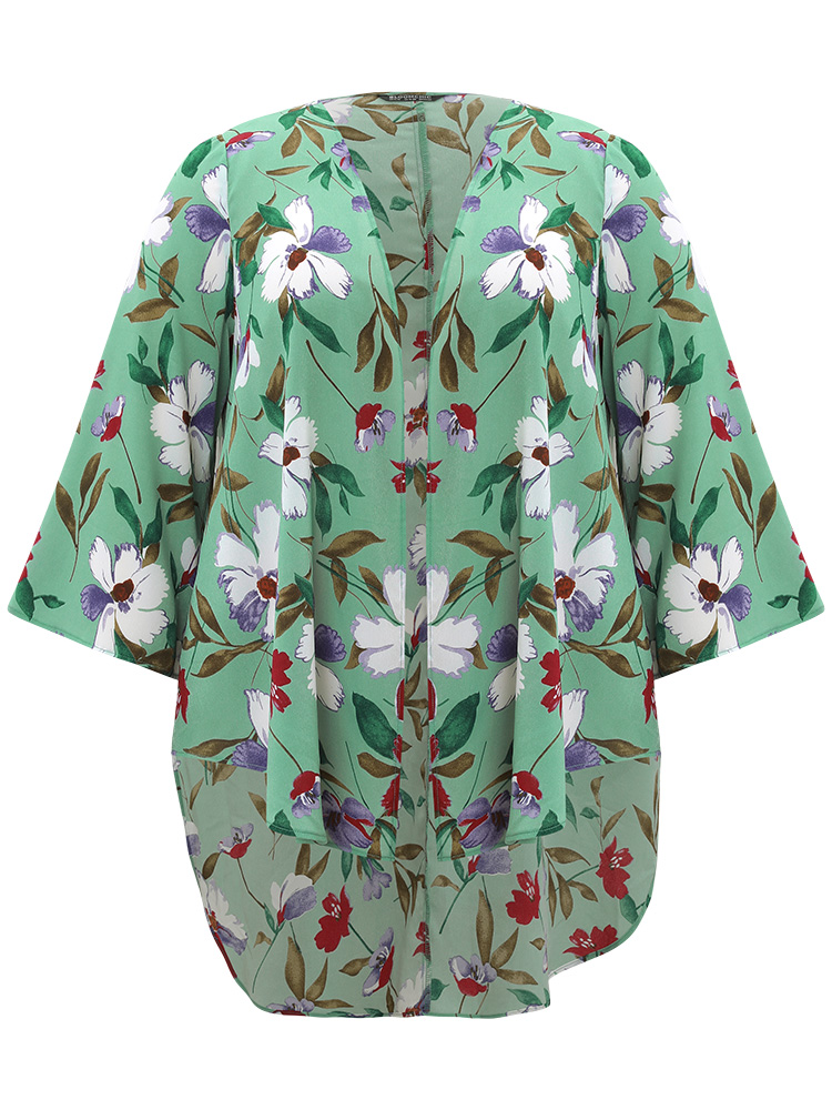 

Plus Size Floral Print Open Front Asymmetrical Hem Kimono Women Mint Vacation Asymmetrical Loose Dailywear Kimonos BloomChic