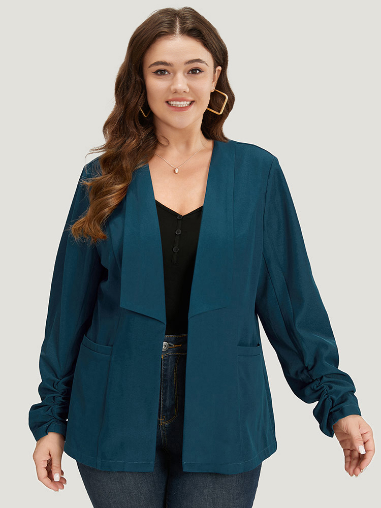 

Plus Size Solid Lapel Collar Drape Pocket Ruched Cuffs Blazer Aegean Women Work Plain Drape Sleeve Long Sleeve Lapel Collar  Pocket Office Blazers BloomChic