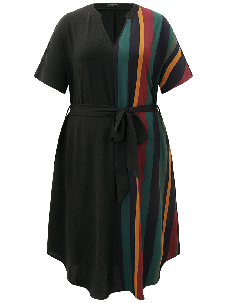 

Plus Size Striped Patchwork Notched Belted Pocket Dress Multicolor Women Office Belted Notched collar Short sleeve Curvy Midi Dress BloomChic