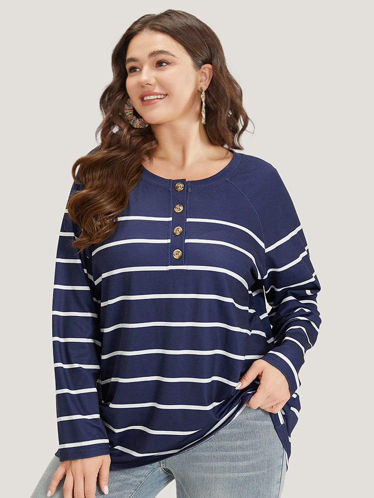 

Plus Size Striped Button Up Crew Neck Raglan Sleeve T-shirt Blue Women Casual Button Striped Open Front Dailywear T-shirts BloomChic