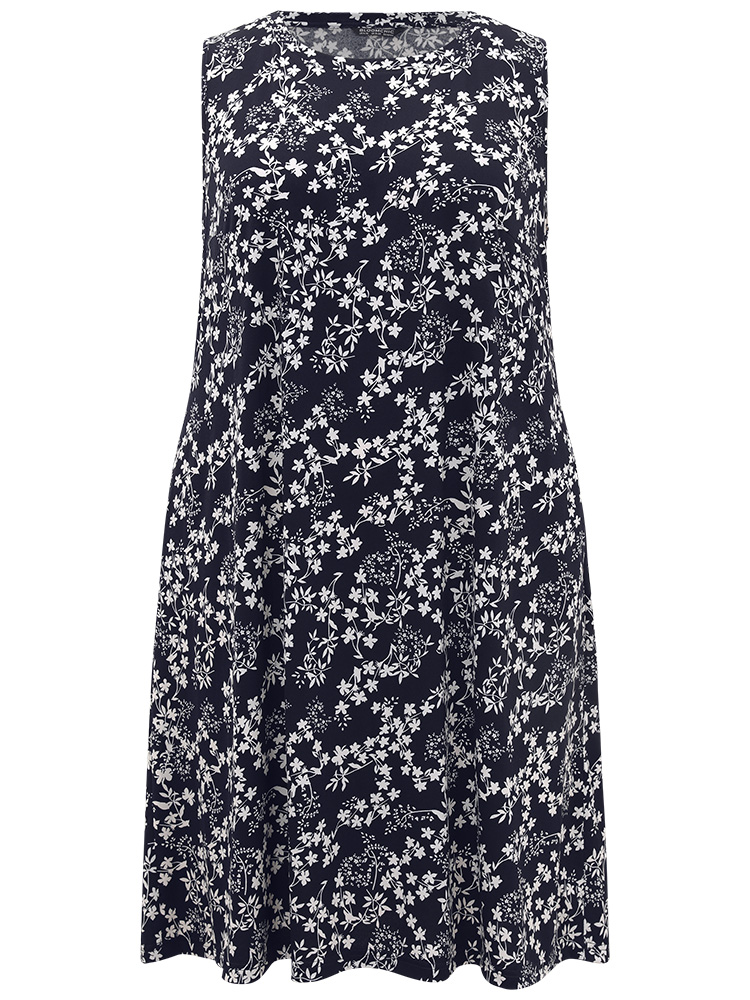 Plus Size Women Dailywear Ditsy Floral Printed Sleeveless Sleeveless Round Neck Pocket Casual Dresses BloomChic 