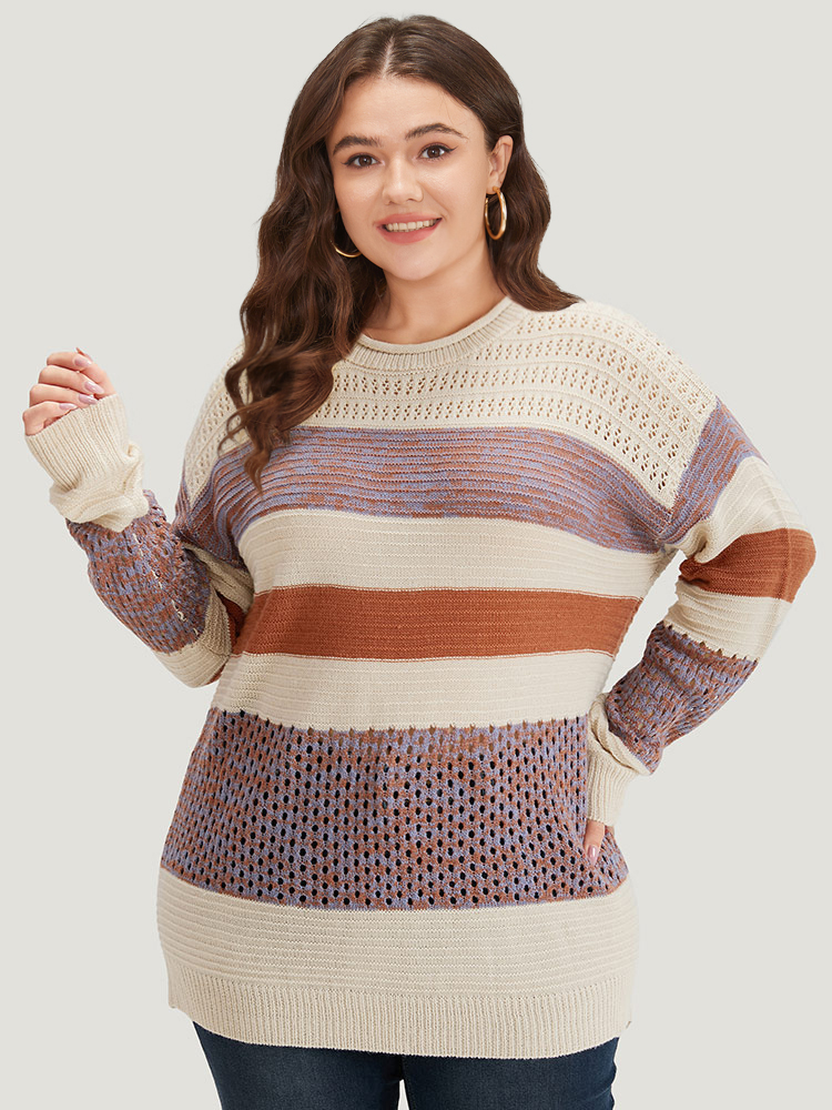 

Plus Size Colorblock Contrast Drop Shoulder Cut Out Pullover Multicolor Women Casual Loose Long Sleeve Round Neck Dailywear Pullovers BloomChic