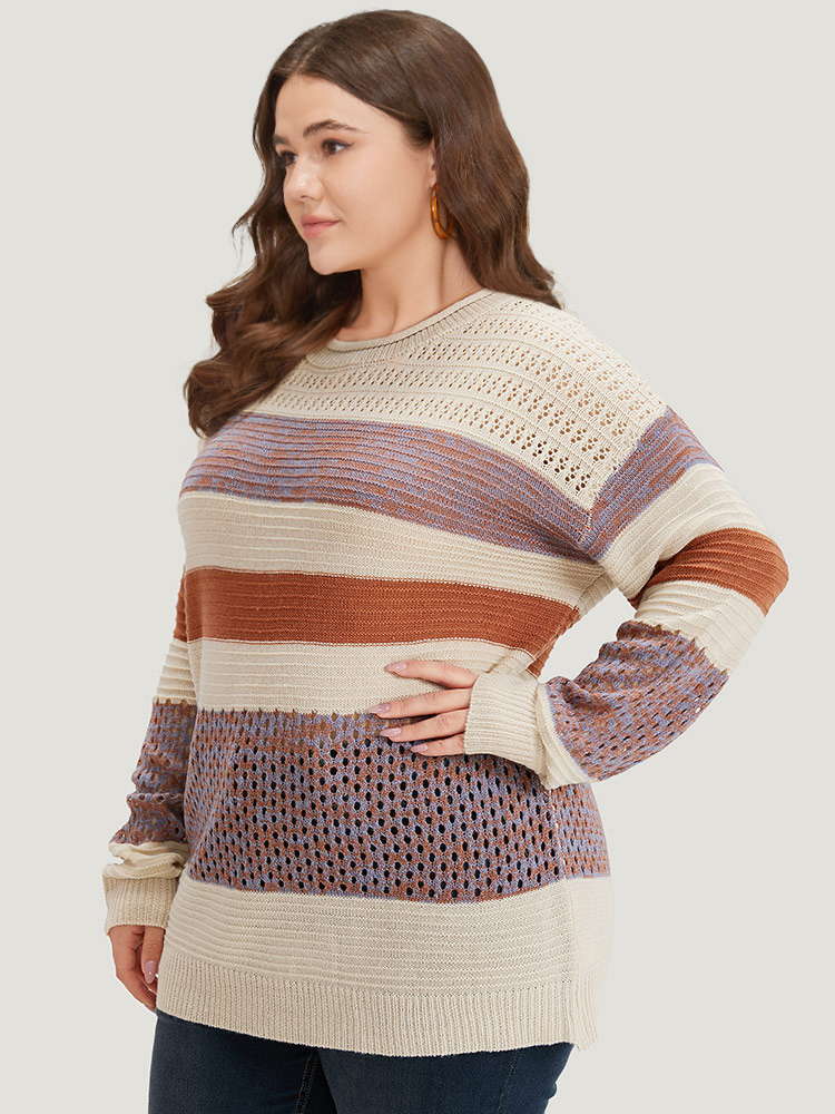 

Plus Size Colorblock Contrast Drop Shoulder Cut Out Pullover Multicolor Women Casual Loose Long Sleeve Round Neck Dailywear Pullovers BloomChic