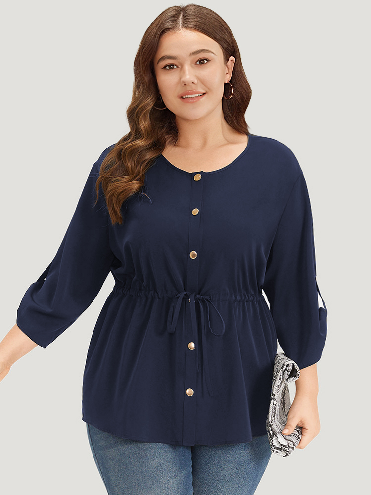 

Plus Size Indigo Plain Button Up Drawstring Tab Sleeve Blouse Women Office Elbow-length sleeve Round Neck Work Blouses BloomChic