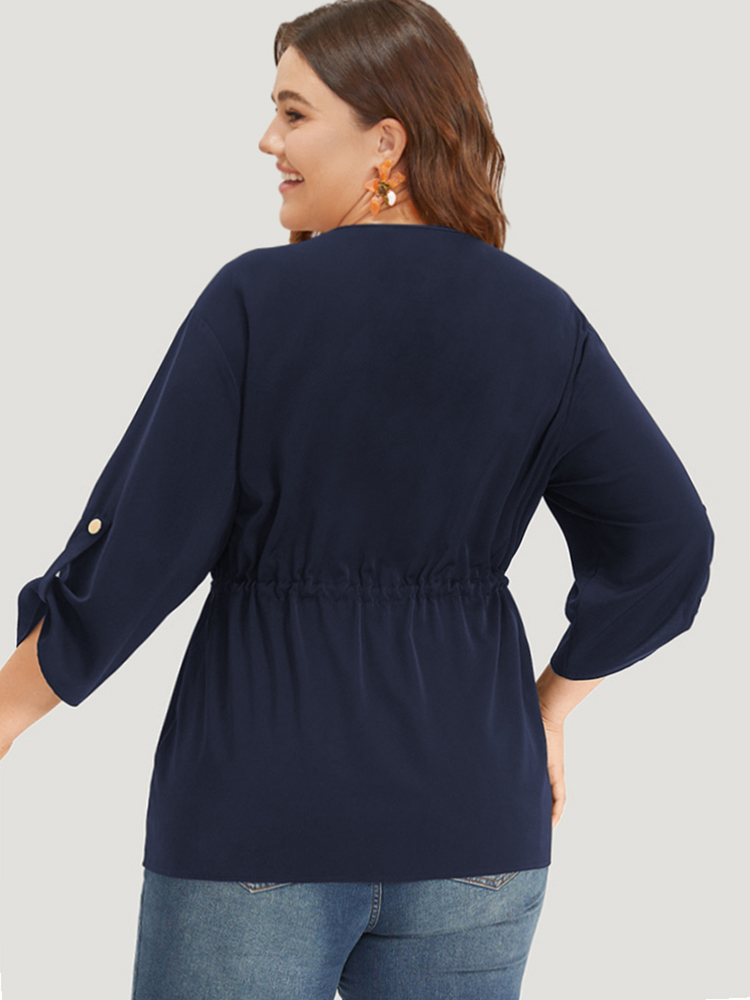 

Plus Size Indigo Plain Button Up Drawstring Tab Sleeve Blouse Women Office Elbow-length sleeve Round Neck Work Blouses BloomChic