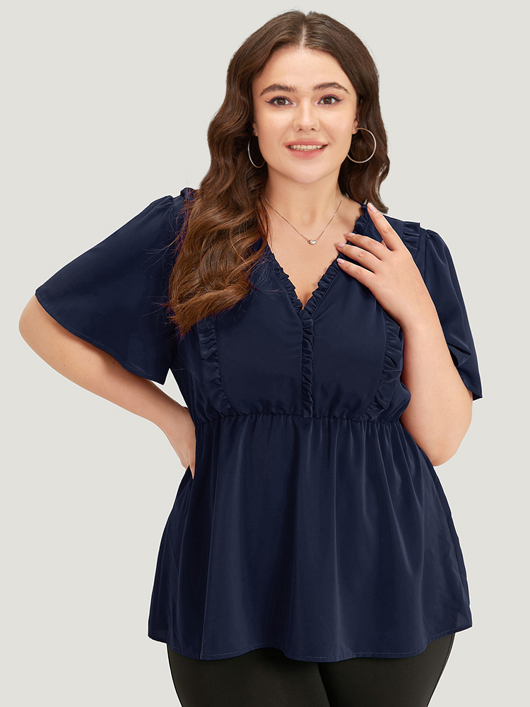 

Plus Size Indigo Anti-Wrinkle Plain Frill Trim Flutter Sleeve Blouse Women Office Short sleeve V-neck Work Blouses BloomChic