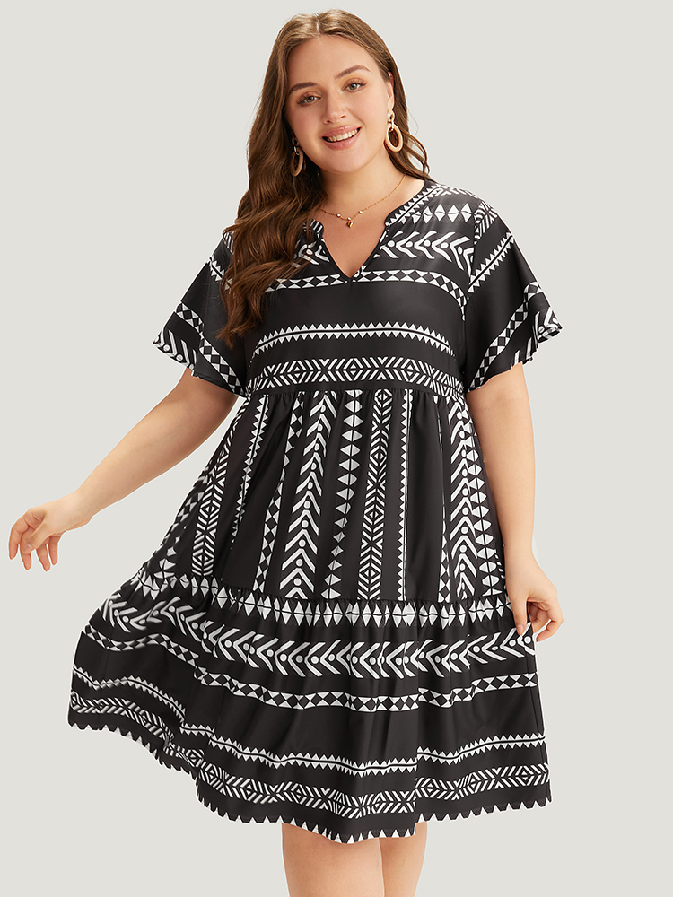 

Plus Size Bandana Geometric Ruffle Sleeve Babydoll Dress Black Women Vacation Notched collar Short sleeve Curvy Knee Dress BloomChic