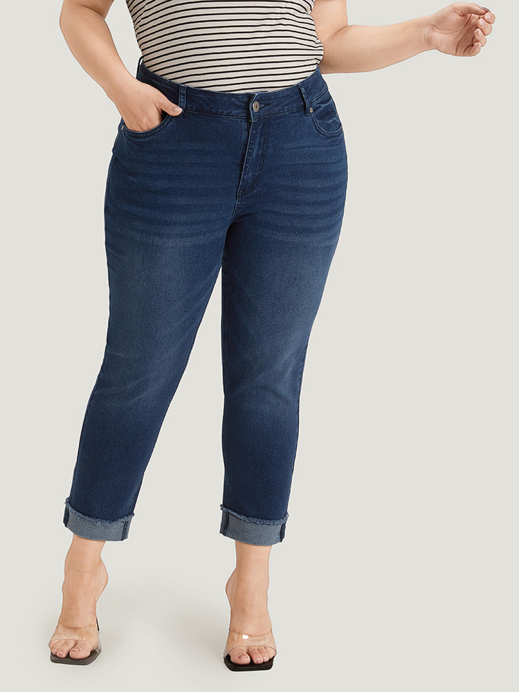 Plus Size Women Dailywear Roll Hem High stretch Straight Leg Medium Wash Casual Jeans BloomChic 