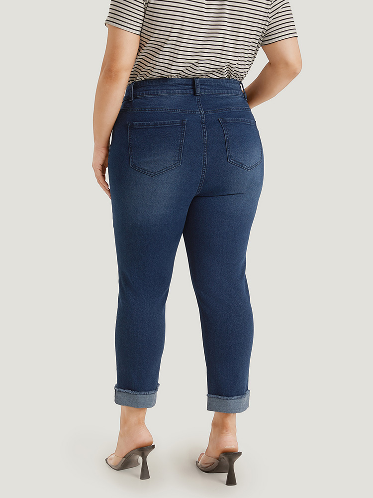 Plus Size Women Dailywear Roll Hem High stretch Straight Leg Medium Wash Casual Jeans BloomChic 