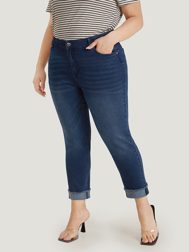 Plus Size Women Dailywear Roll Hem High stretch Straight Leg Medium Wash Casual Jeans BloomChic 