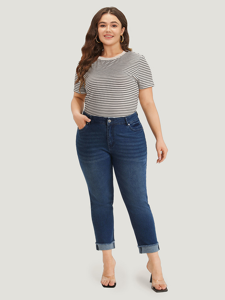 Plus Size Women Dailywear Roll Hem High stretch Straight Leg Medium Wash Casual Jeans BloomChic 
