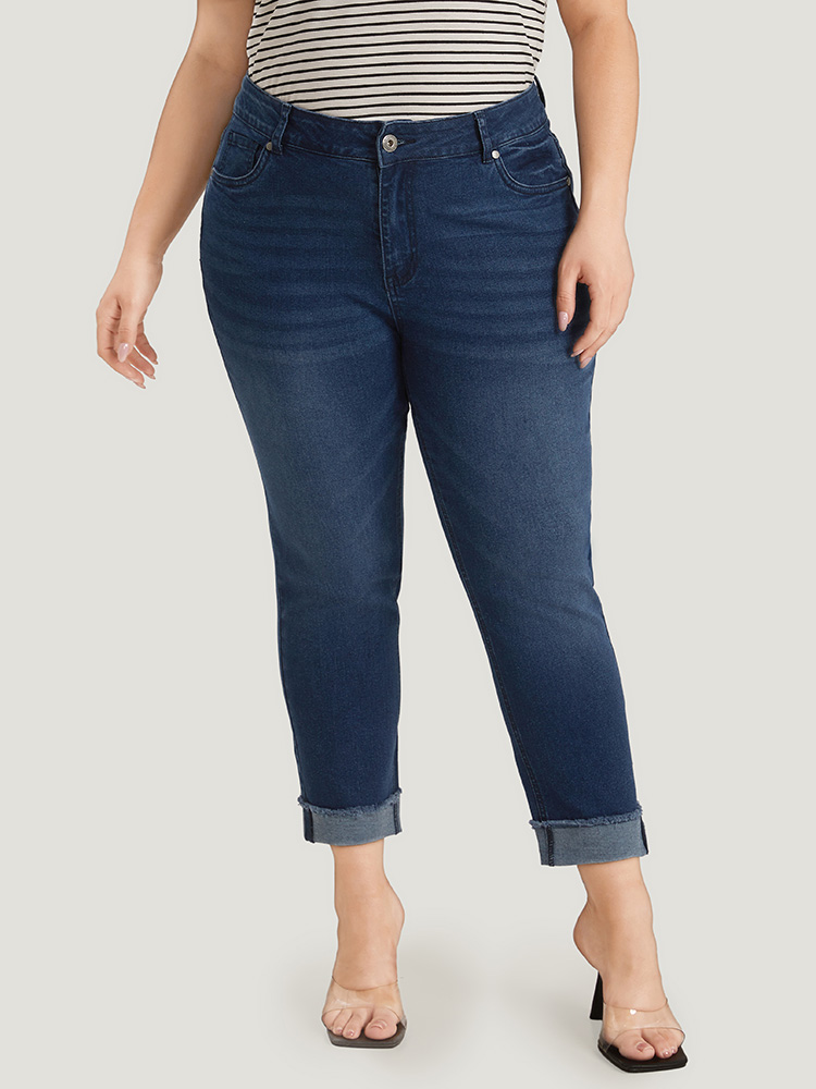Plus Size Women Dailywear Roll Hem High stretch Straight Leg Medium Wash Casual Jeans BloomChic 