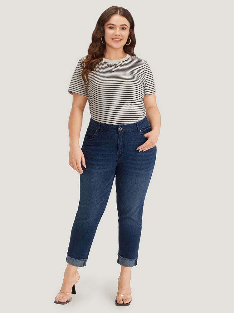 Plus Size Women Dailywear Roll Hem High stretch Straight Leg Medium Wash Casual Jeans BloomChic 