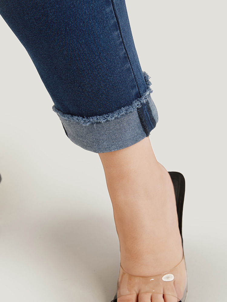 Plus Size Women Dailywear Roll Hem High stretch Straight Leg Medium Wash Casual Jeans BloomChic 
