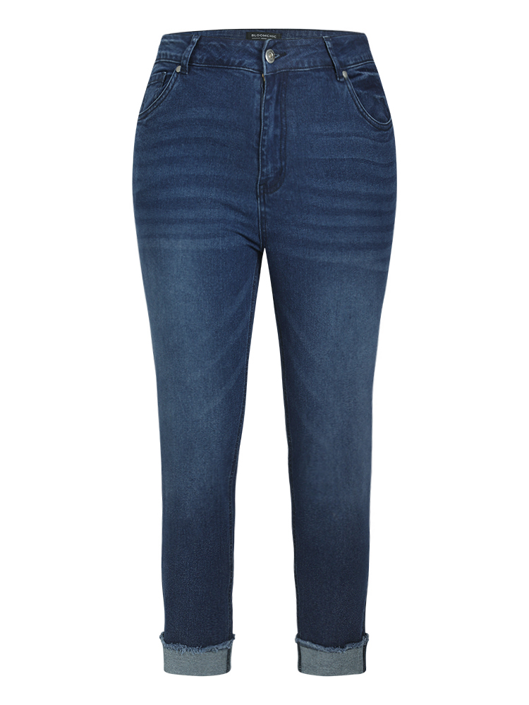 Plus Size Women Dailywear Roll Hem High stretch Straight Leg Medium Wash Casual Jeans BloomChic 
