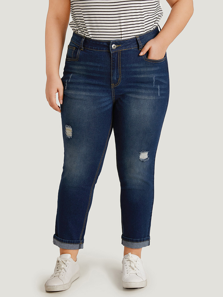 Plus Size Ripped Roll Hem Pocket Very Stretchy Jeans Women Indigo Casual Plain Plain High stretch Jeans BloomChic 18/2X 