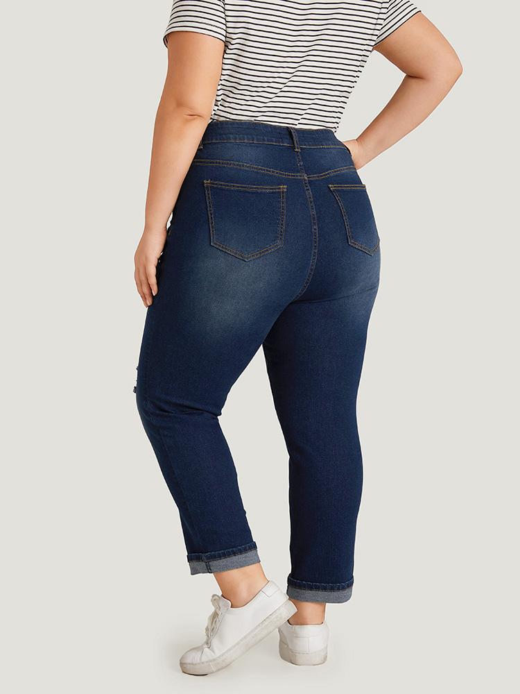 Plus Size Ripped Roll Hem Pocket Very Stretchy Jeans Women Indigo Casual Plain Plain High stretch Jeans BloomChic 18/2X 