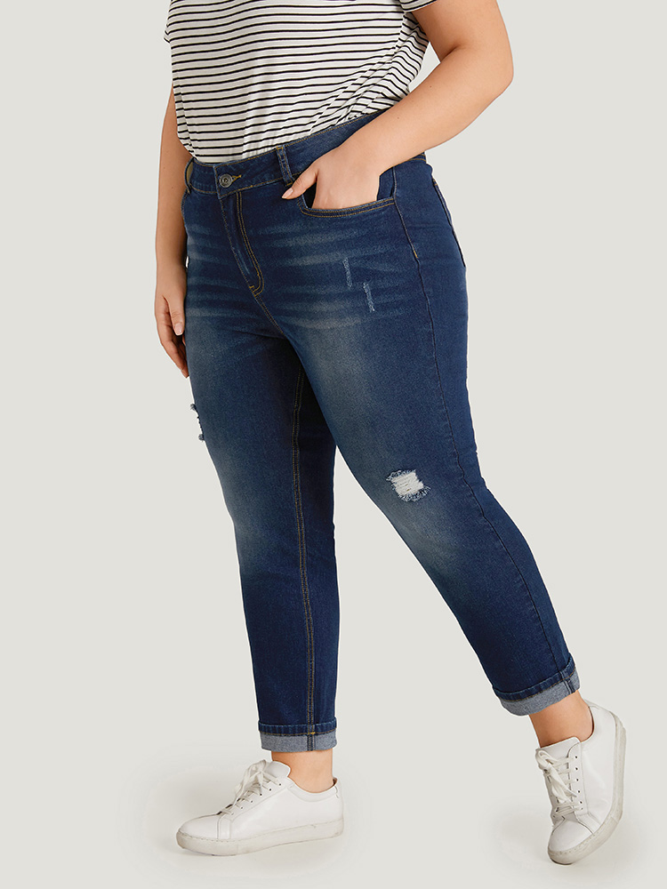 Plus Size Ripped Roll Hem Pocket Very Stretchy Jeans Women Indigo Casual Plain Plain High stretch Jeans BloomChic 18/2X 