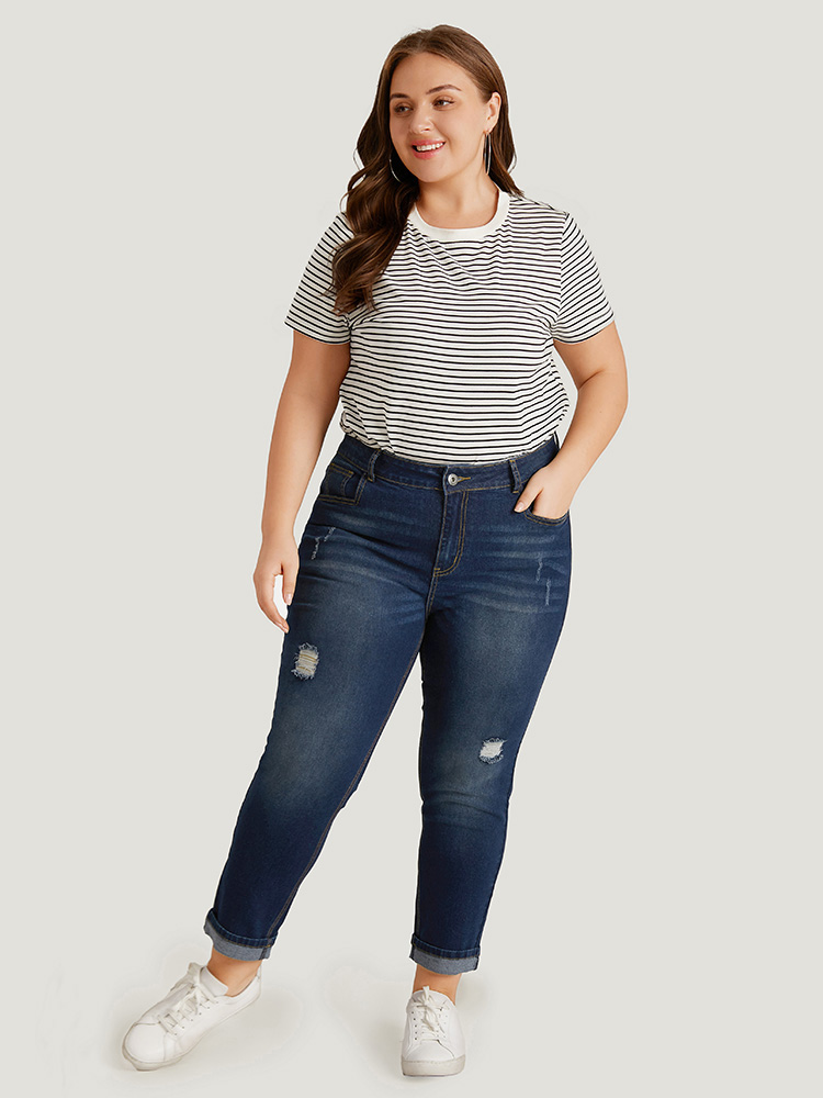 Plus Size Ripped Roll Hem Pocket Very Stretchy Jeans Women Indigo Casual Plain Plain High stretch Jeans BloomChic 18/2X 