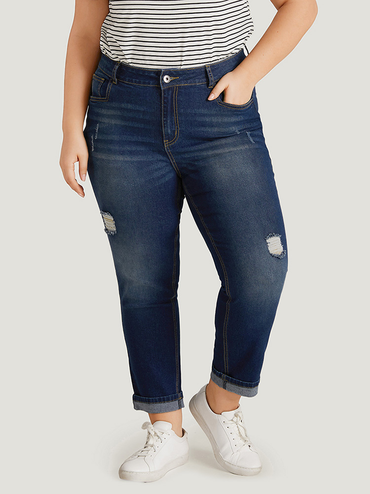 Plus Size Ripped Roll Hem Pocket Very Stretchy Jeans Women Indigo Casual Plain Plain High stretch Jeans BloomChic 18/2X 