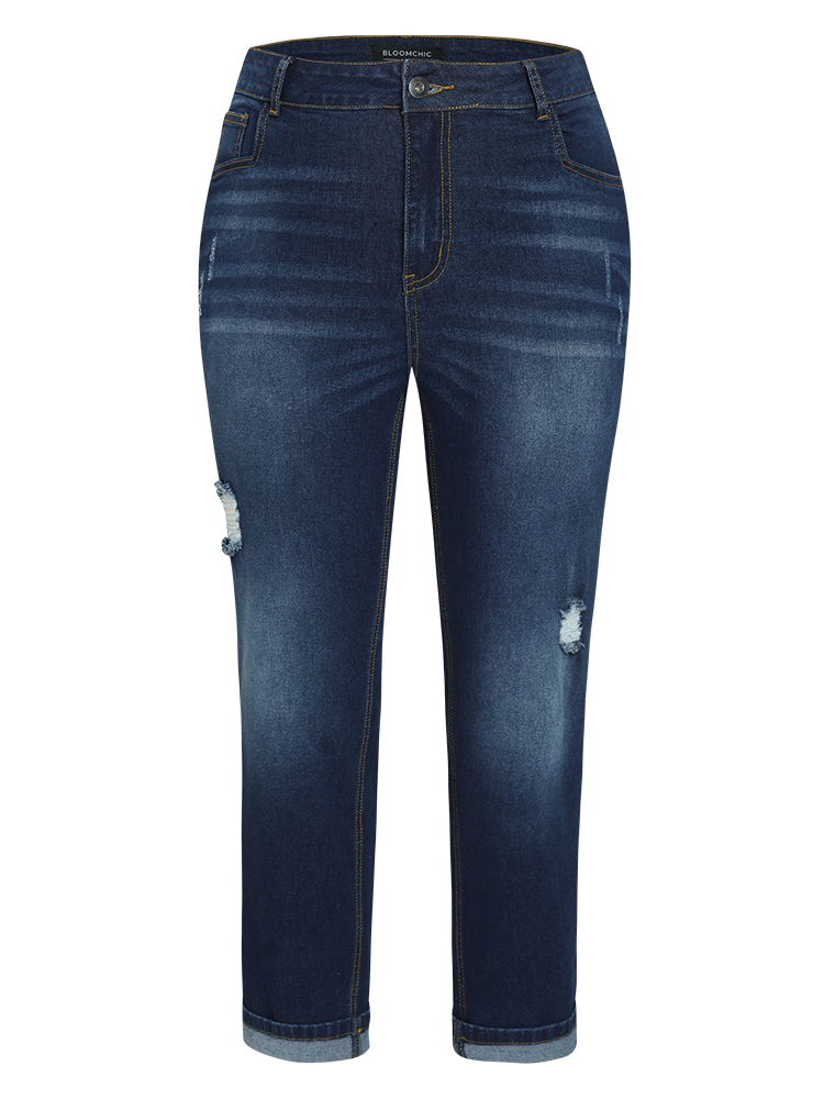 Plus Size Ripped Roll Hem Pocket Very Stretchy Jeans Women Indigo Casual Plain Plain High stretch Jeans BloomChic 18/2X 