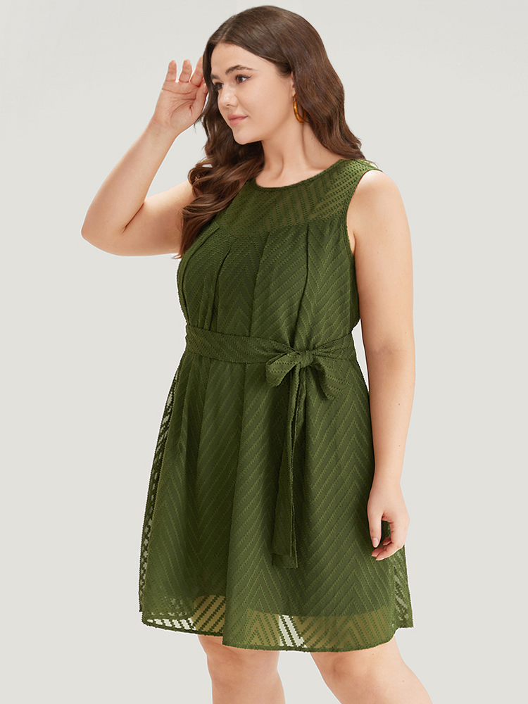 

Plus Size Plisse Mesh Patchwork Belted Pleated Dress ArmyGreen Women Texture Round Neck Sleeveless Curvy Knee Dress BloomChic