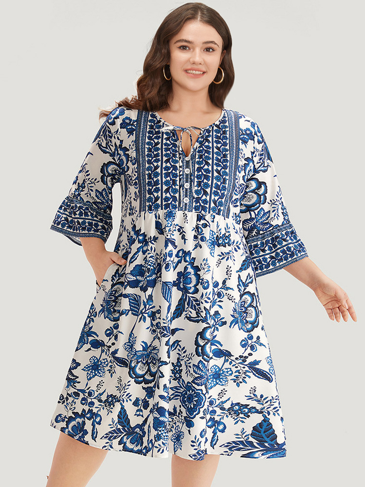 Plus Size Bandana Print Knot Neck Button Detail Dress DarkBlue Women Vacation Cross straps V-neck Elbow-length sleeve Curvy Midi Dress BloomChic 10/M 