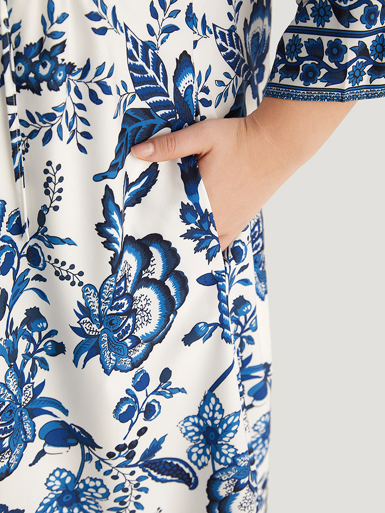 Plus Size Bandana Print Knot Neck Button Detail Dress DarkBlue Women Vacation Cross straps V-neck Elbow-length sleeve Curvy Midi Dress BloomChic 10/M 