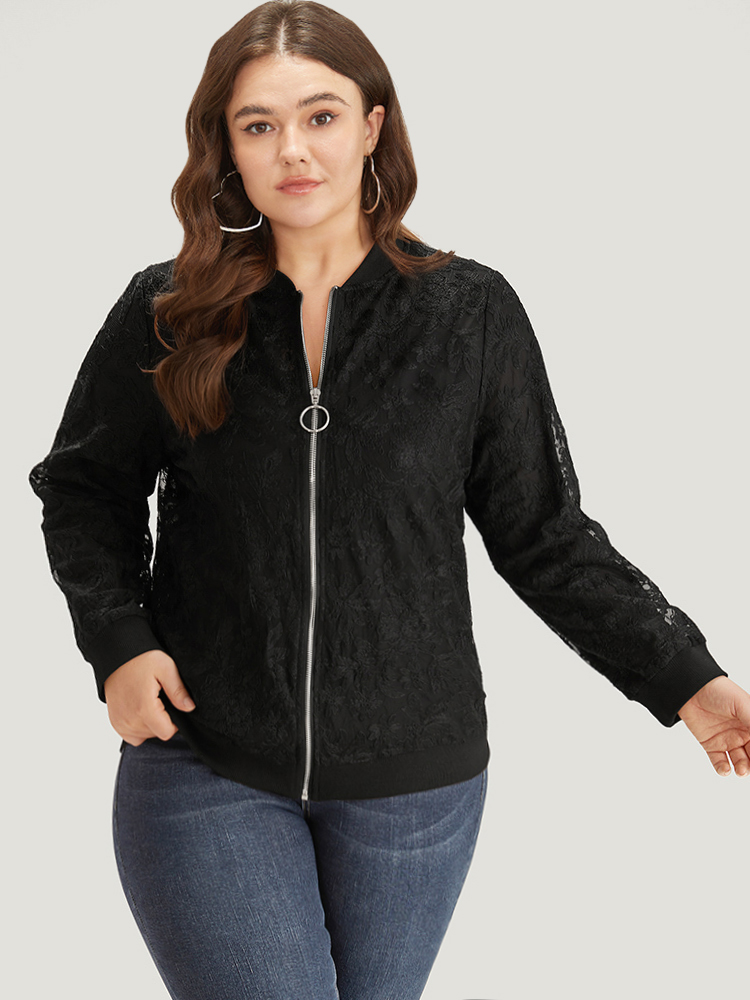 

Plus Size Lace Patchwork O Ring Zipper Elastic Cuffs Jacket Women Black Elastic cuffs Everyday Jackets BloomChic