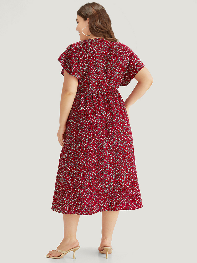 Plus Size Ditsy Floral Overlap Collar Bowknot Flutter Hem Dress Crimson Women Office Wrap V-neck Short sleeve Curvy Midi Dress BloomChic 28/5X 