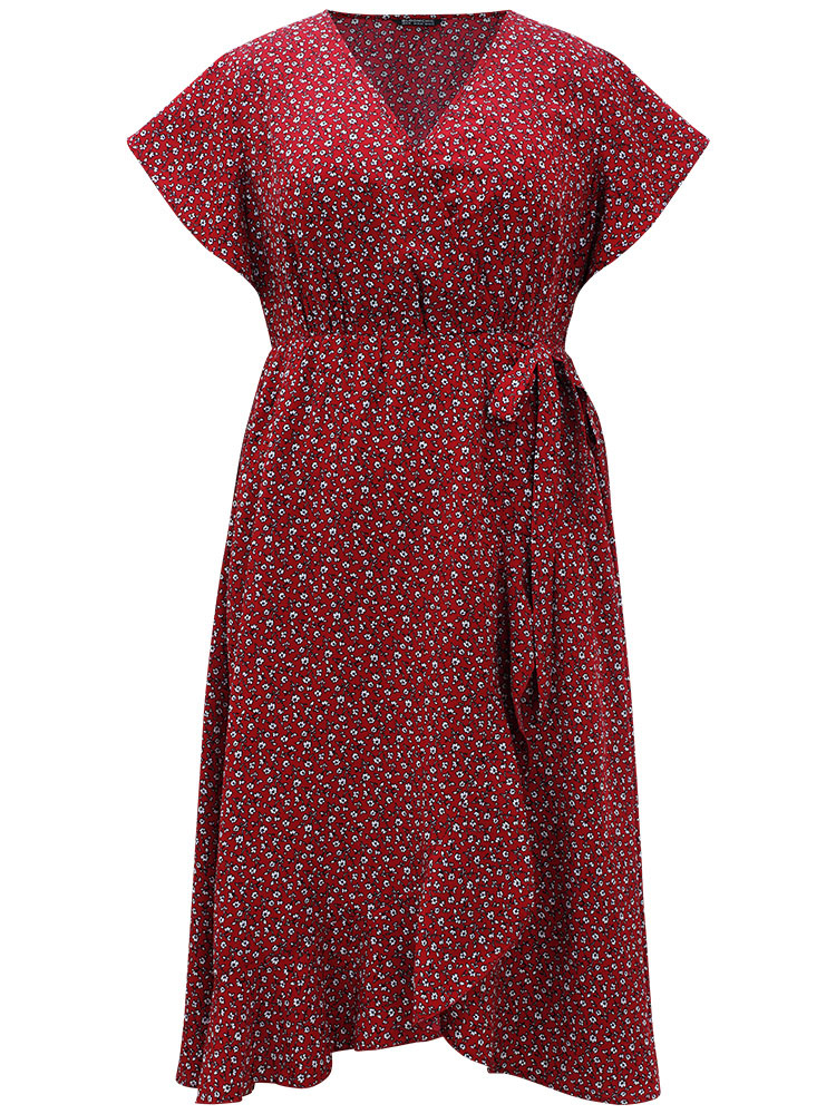Plus Size Ditsy Floral Overlap Collar Bowknot Flutter Hem Dress Crimson Women Office Wrap V-neck Short sleeve Curvy Midi Dress BloomChic 28/5X 