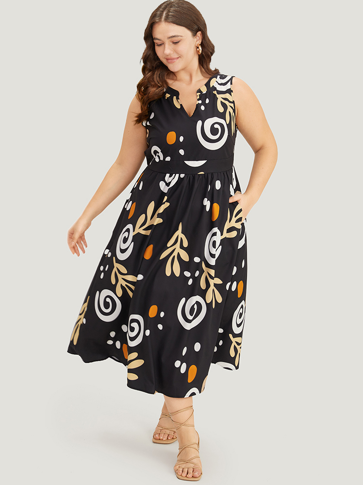 

Plus Size Graphic Print Notched Pocket Tank Dress Black Women Vacation Printed Notched collar Sleeveless Curvy Midi Dress BloomChic